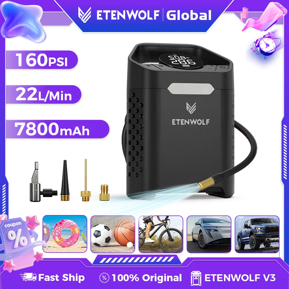 

ETENWOLF V3 Portable Tire Inflator Pump 160 PSI Car Compressor 100% Duty Cycle 7800mAh Air pump For Cars Motorcycles Bicycle