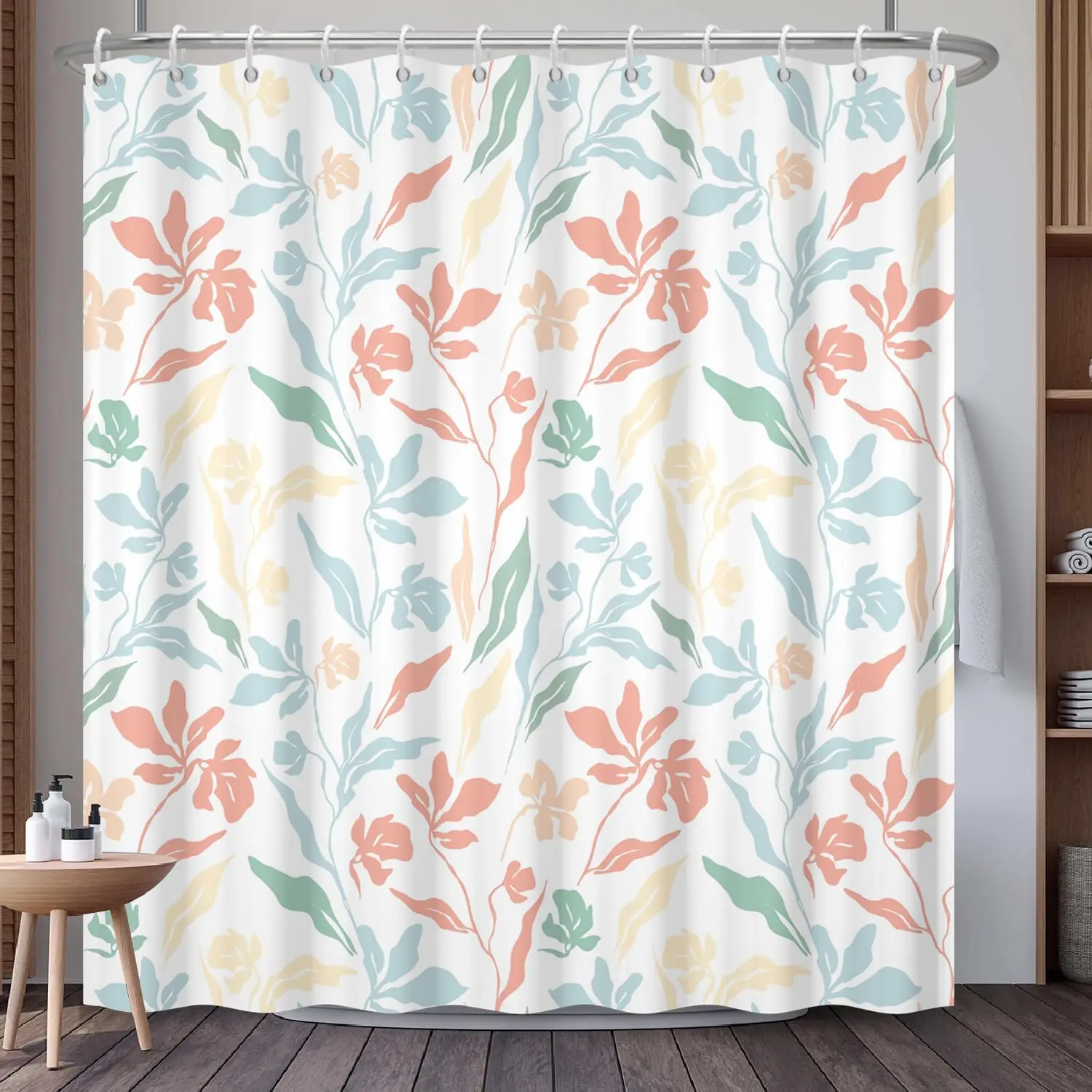 

Boho Floral Shower Curtain with Hooks Soft Pastel Floral Leaves Plant Pattern Shower Curtain Tropical Garden Bathroom Decor