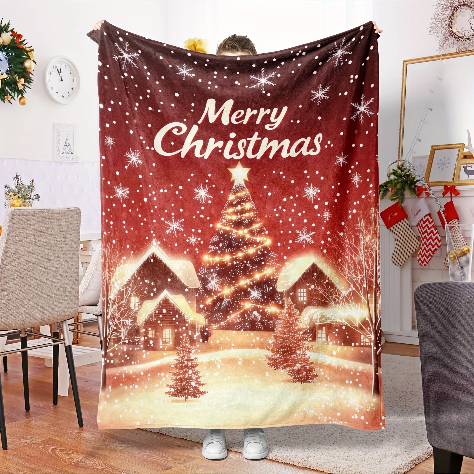 

Merry Christmas Winter Flannel Blanket Contemporary Red Design with Farmhouse Christmas Tree and Snowflakes Soft Warm