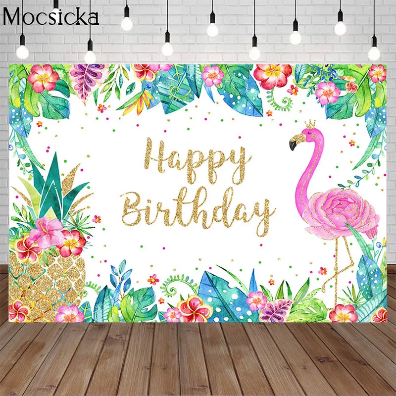 

Mocsicka Summer Tropical Forest Flamingo Birthday Backdrop Green Palm Leaf Prop Child Birthday Party Decoration Photo Background