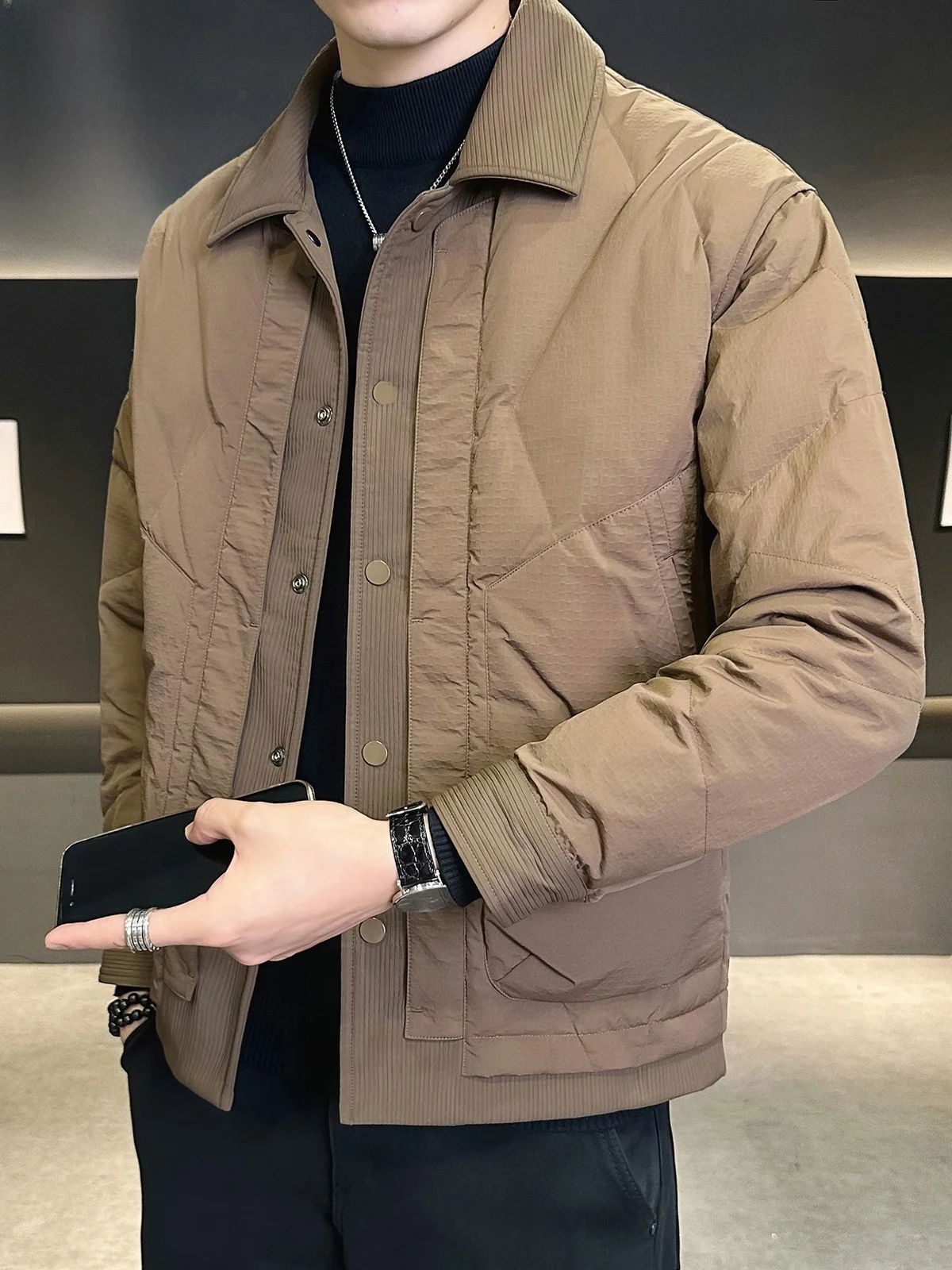 

Мужская утепленная куртка с воротником-стойкой, повседневная, с комбинированными вставками, зимняя модная верхняя одежда из полиэфирного волокна с защитой от сминания