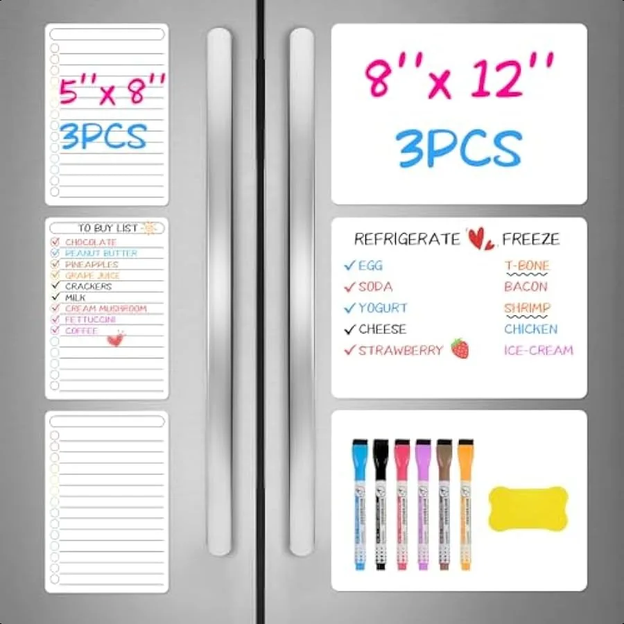 

6 Pack Whiteboard Set 8'' x 12'' Fridge Board 5'' x 8'' Kitchen Erasable Magnetic Board With 6 Markers 1 Eraser