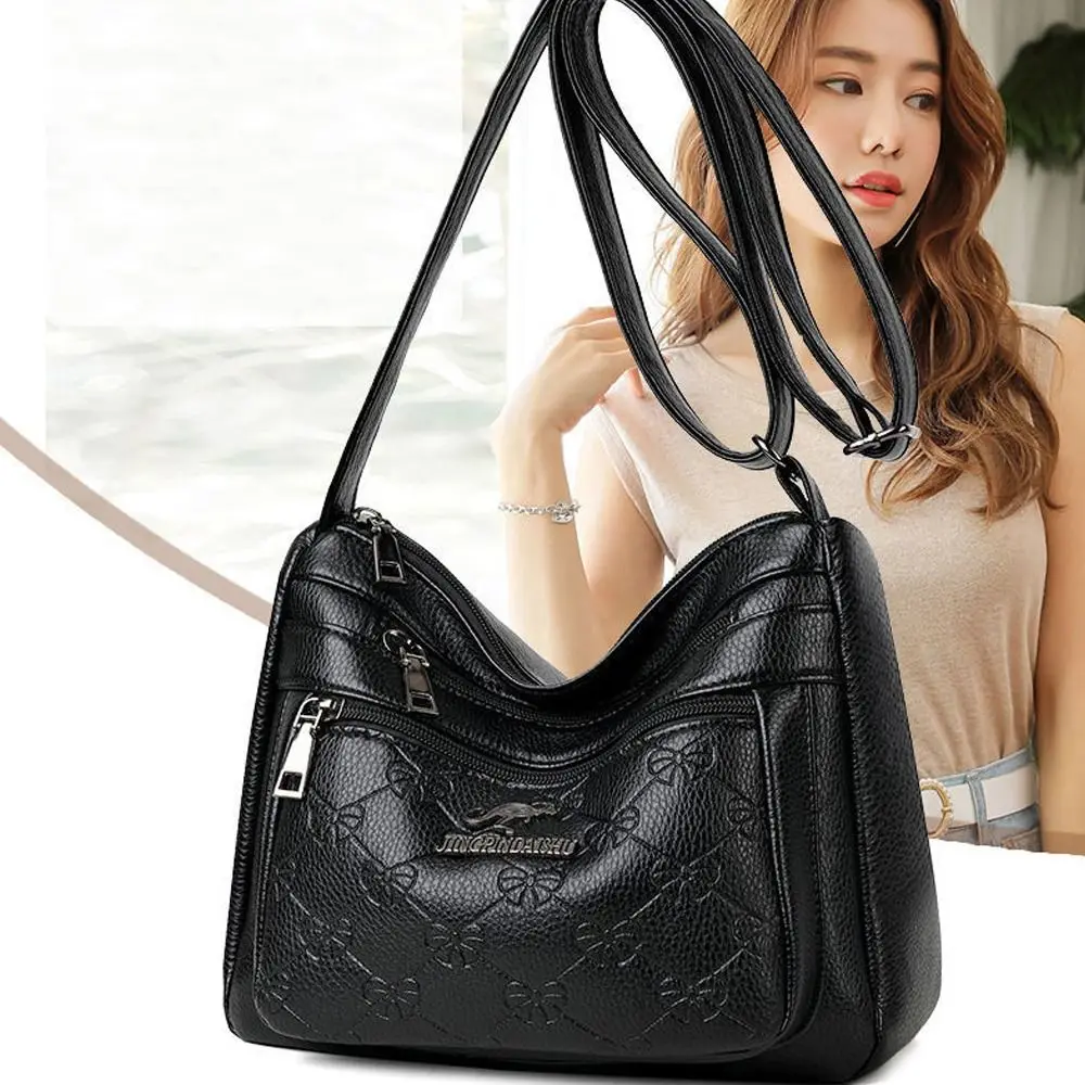 

Fashion PU Leather Buying Vegetable Bag Black Multi-layer Shoulder Messenger Bag Large Capacity Middle-aged Mother's Bag Woman