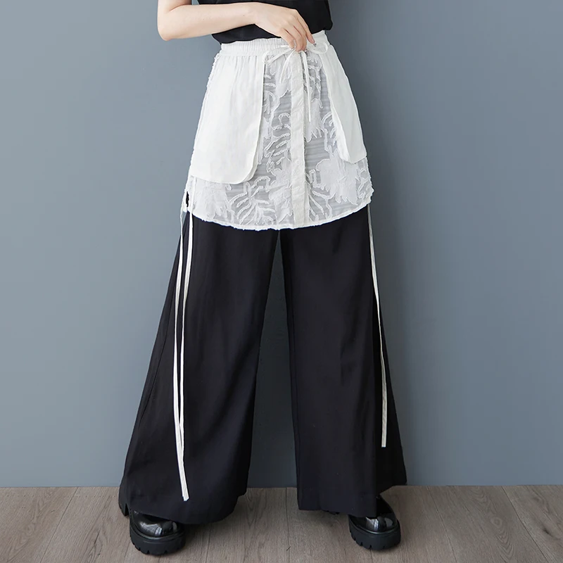 Casual kanten patchwork wijde pijpen broek elastische taille rechte snit ket ontwerp dames hoge taille lang katoen polyester mix