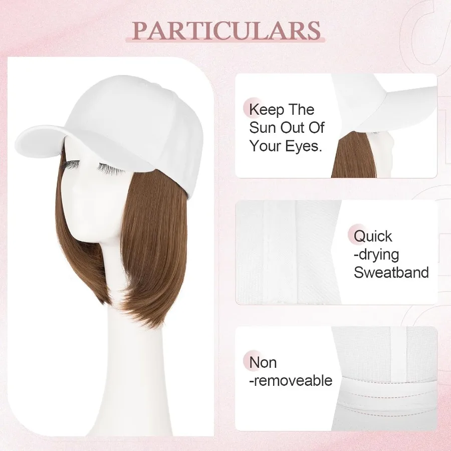 قبعة بيسبول صناعية مقاومة للحرارة مع وصلات شعر قصيرة مستقيمة قابلة للتعديل مقاس 6 بوصات للنساء قطعة شعر بيضاء بديلة