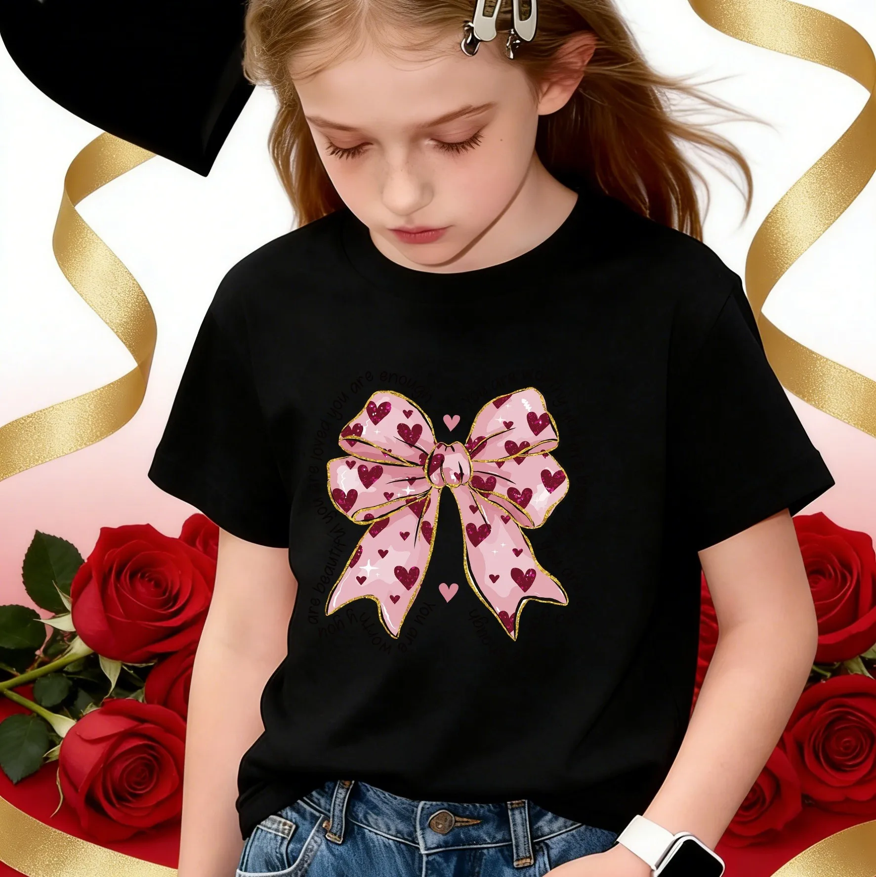 Girls' Summer Casual Short-Sleeved T-Shirt with Bow Print, Suitable for Girls over 3 Years Old, Versatile Clothing for Home, Leisure, and Outings