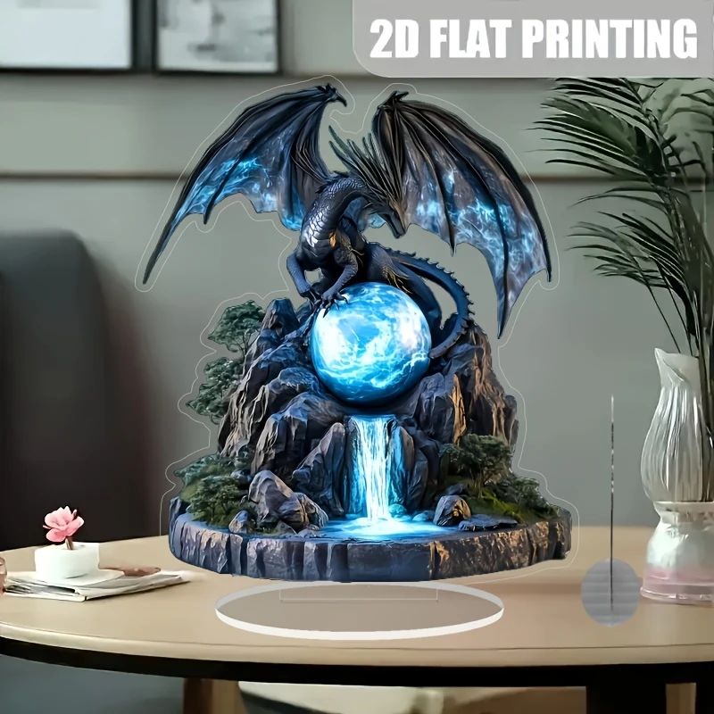 2D 8in Retro Bohemian Black Dragon Crystal Ball Flat Acrylic Landscape Design Mysterious Figurine Cool Tabletop Decora Gifts