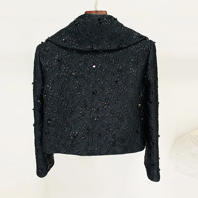 Black Jacket with Jacquard Heavy Work Nail Bead Long Sleeved Lapel Short Jacket