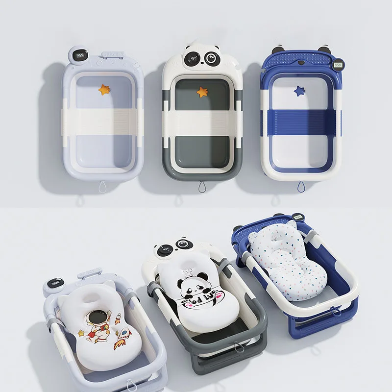Newborn Baby Bathtub with Temperature Gauge—Foldable, Lightweight, Cartoon Design, Thickened PP Material, and Bottom Drain
