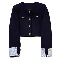 Korean Navy Blue Elegant Jacket Women Tweed Long Sleeve Chic Outwear Fashion Patchwork Spring O Neck Commuter Office Lady Tops