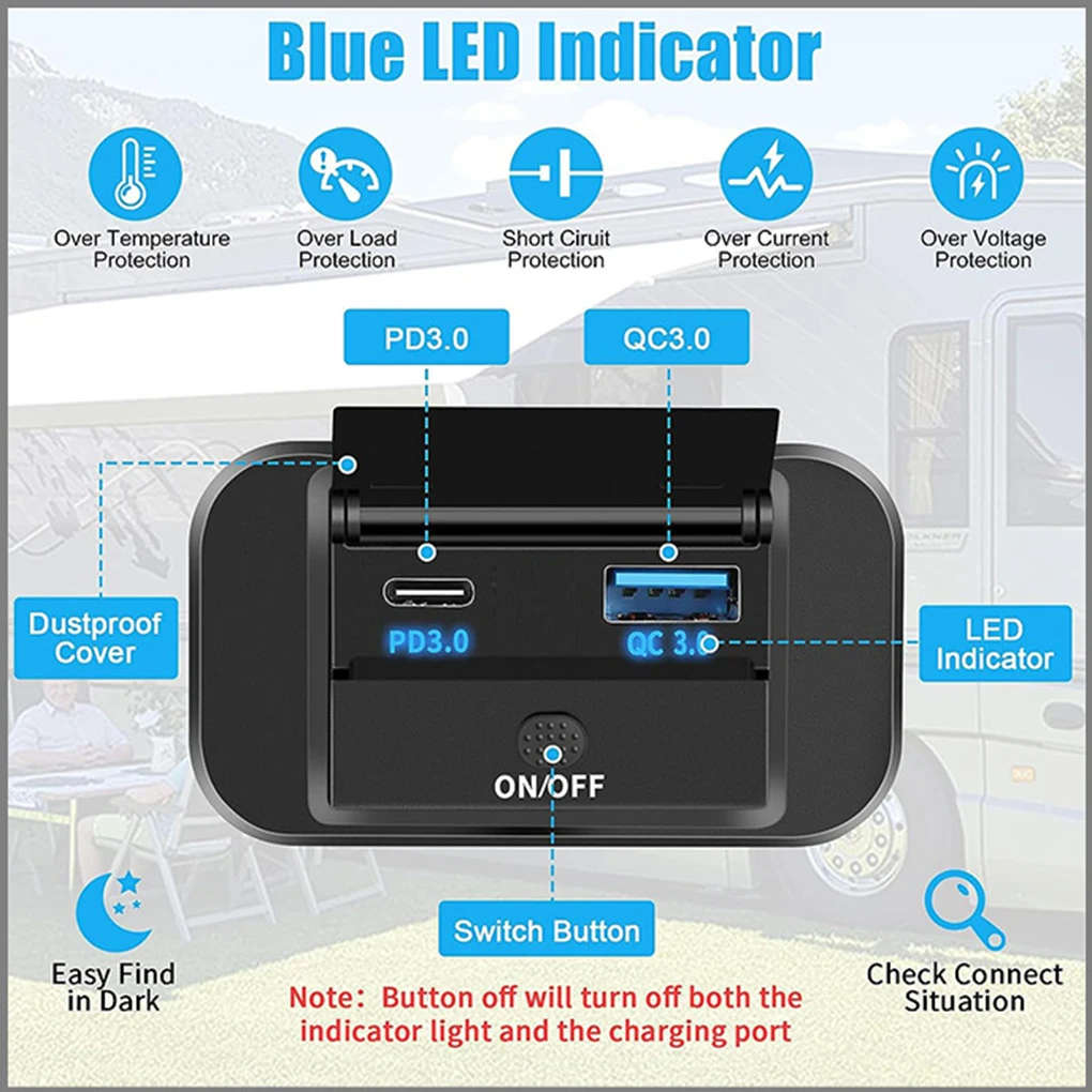 

Quick Charge PD Type C Dual USB Ports Car Bus Charger Socket Adapter 12V/24V USB Power with Swith for Marine Motorcycle