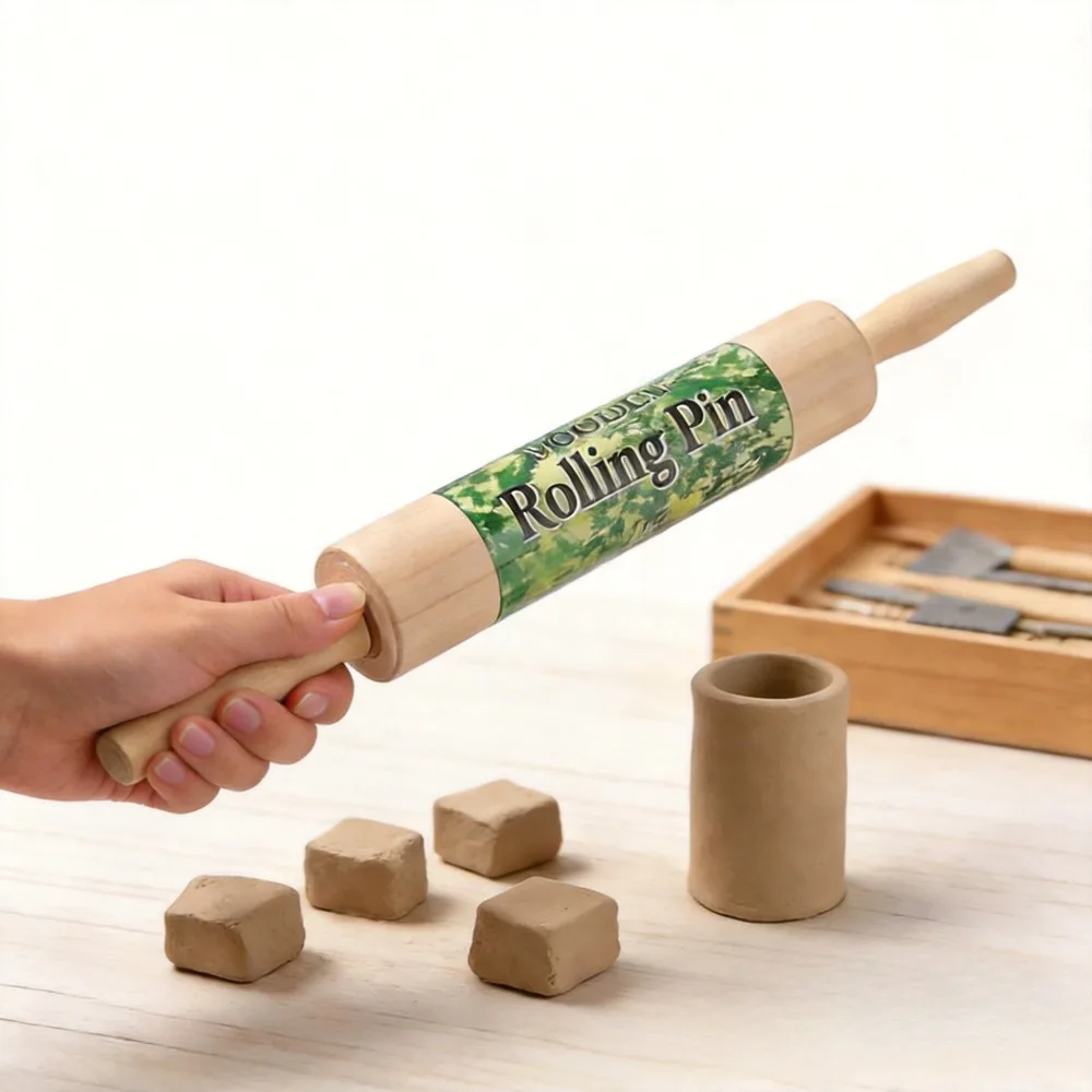 Solid Wood Clay Rolling Pin 360° Rotatable Roller Pottery Clay Shaping Tool Wooden Handle DIY Art Craft Accessory