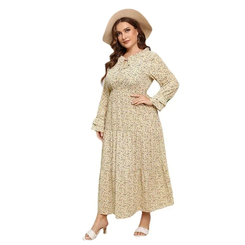 L-4XL Plus Size francuska, oversized szyfon w kwiaty super bajkowe sukienka z okrągłym dekoltem i płatkowymi rękawami świeża i słodka długa spódnica