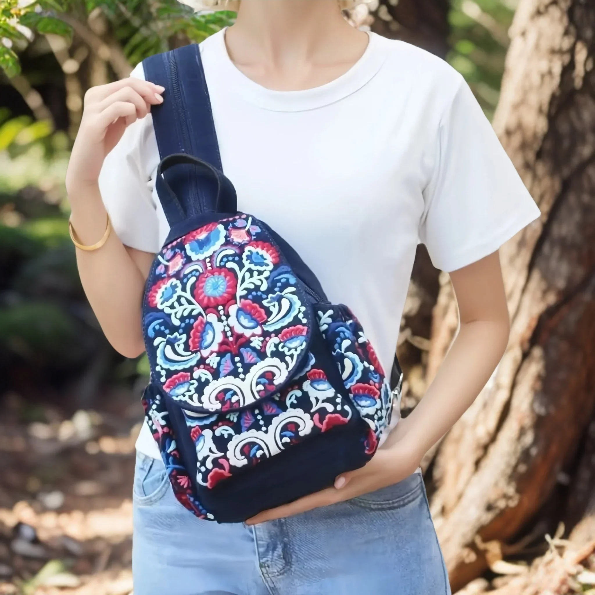 Vintage Embroidered Ethnic Style Backpack for Women, Multi-layer Pockets and Flap Design, Fashionable and Practical