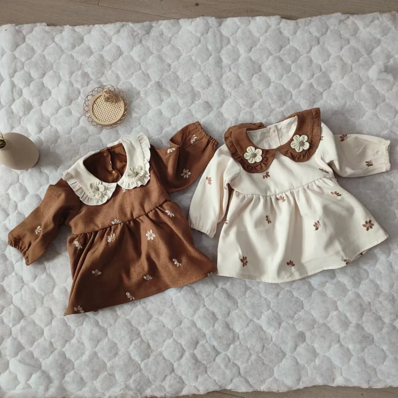 Newborn Baby Girl Romper Dress Frill Doll Collar Infant Toddler Flower Embroidery Longsleeve Jumpsuit Loose Baby Clothes 3-24M