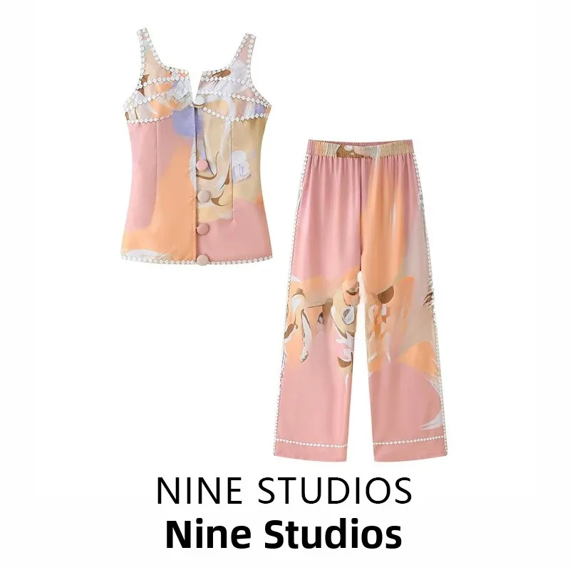 

Повседневный комплект майки и жилета с кружевом, длинные брюки, ансамбль, женский модный круглый комплект Ne Button up ort Sve Student orm