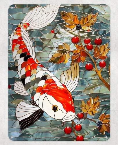 Koi Fish Stained Glass Metal Poster Wall Tin Sign Man Cave Shed Home Plaque --Tin Sign