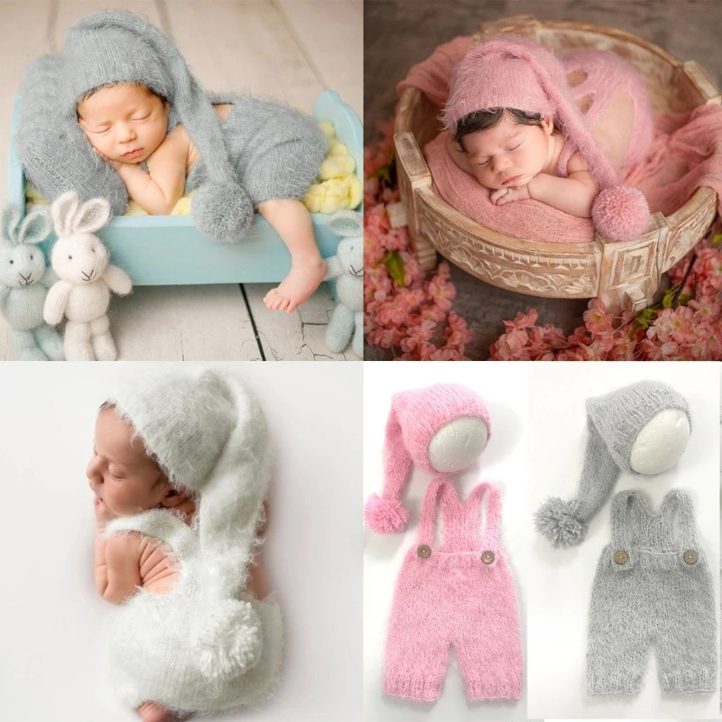 

2Pcs Mohair Baby Romper Hat Set Newborn Photography Props Knitted Wool Bodysuit Long Tail Cap Kit Infants Photo Shooting clothes