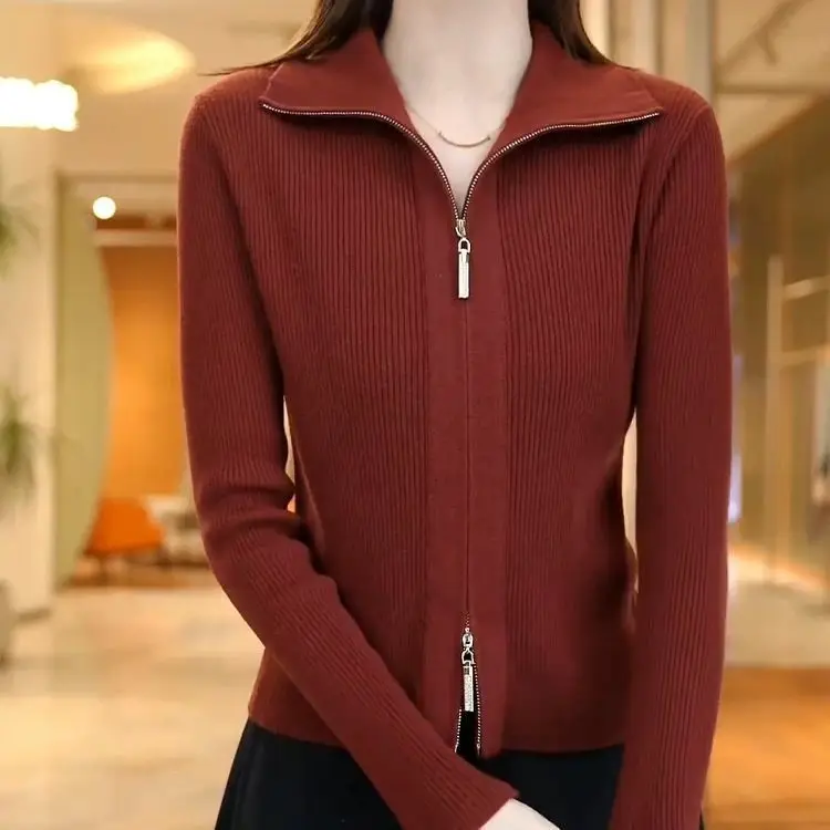 Cárdigan con cremallera estilo solapa de Color sólido para mujer, Top de estilo OL adelgazante que cubre la carne y el aspecto, otoño e invierno