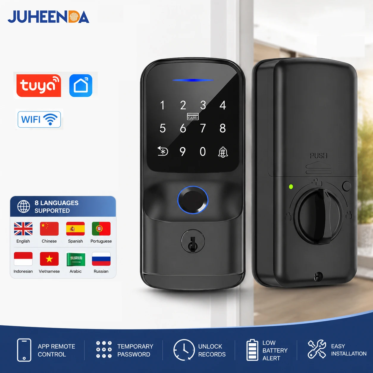 

8 Languages Tuya Smart Lock WiFi Fingerprint Door Lock Password Card Key Unlock Digital Electronic Deadbolt Lock for Front Door