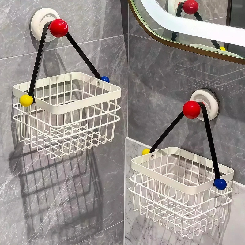 Suction Cup Wall Basket Bathroom Organizer For Face Towels And Storage No Drilling Hanging Rack With Colorful Balls
