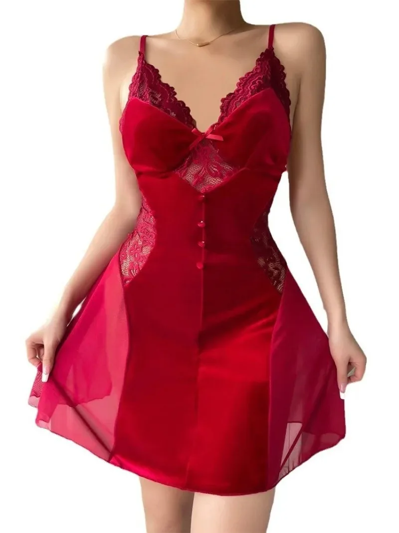 FANAN Sexy Velvet Mesh Splicing Sling V-neck Fit and Flare Dress Elegant Pure Colour Temperament Girl Dew Shoulder Dresses New