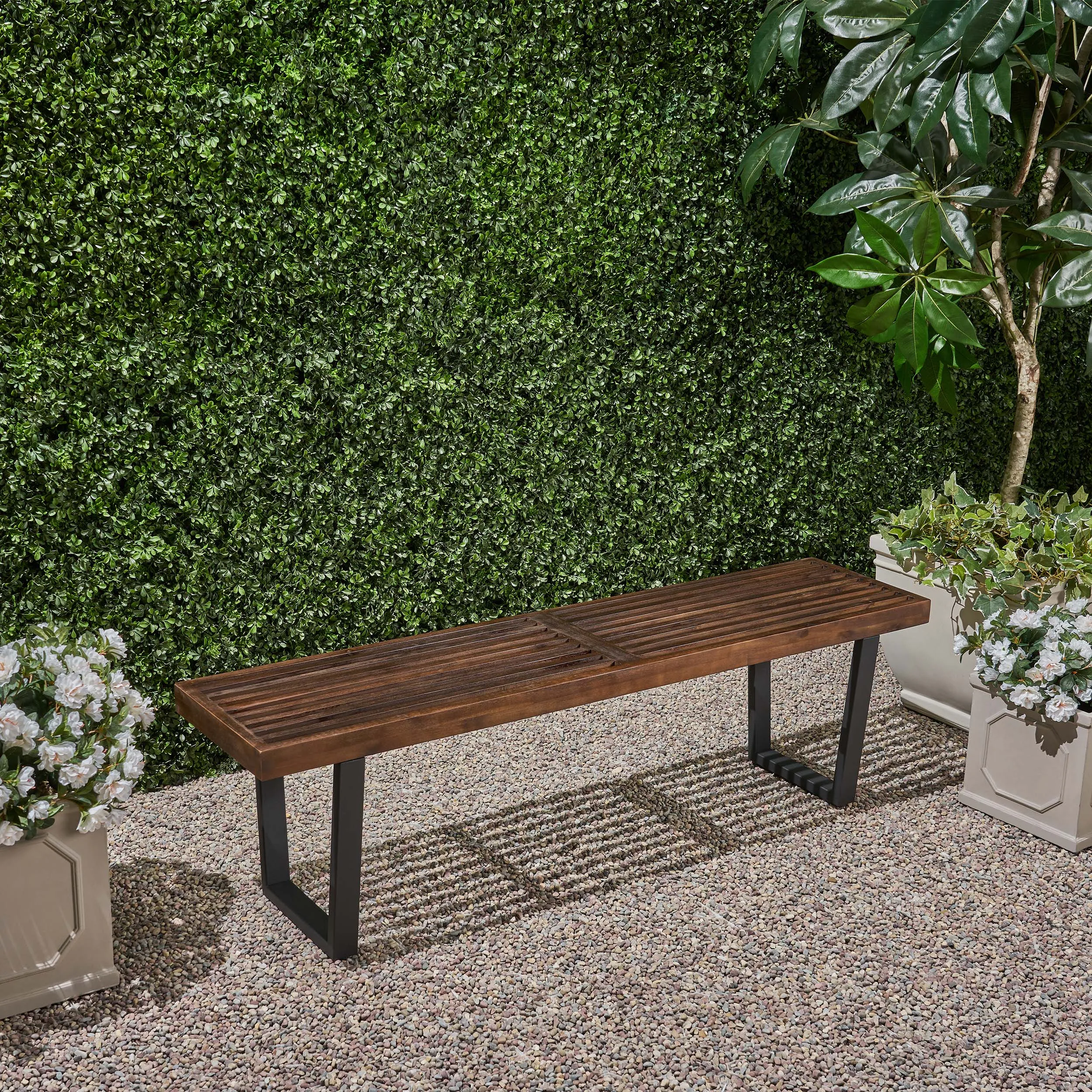 JOA Patio Dining Bench, Acacia Wood with Iron Legs, Modern, Contemporary, Dark Brown and Black