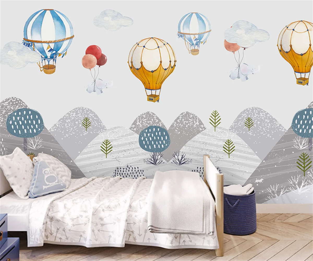 Benutzerdefinierte moderne Cartoon hand-painted heiße luft ballon berggipfel kinder schlafzimmer Hintergrund wand 3d tapete