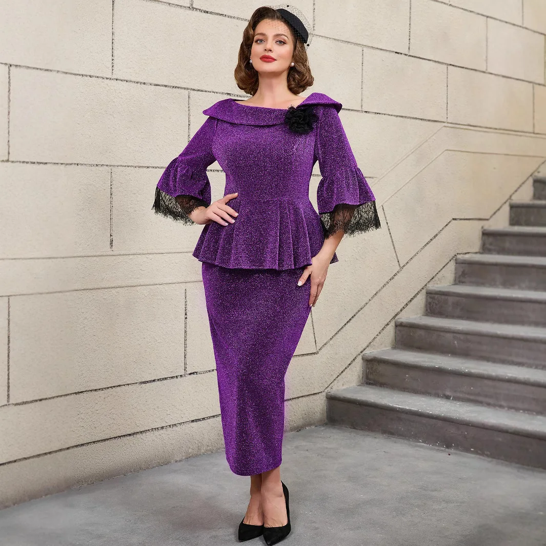 

Plus Size Women's Clothing Ruffle Belly Covering Slimming Flared Lace Trim Sleeve Elegant Two-piece Dress Vestido Women Elegant
