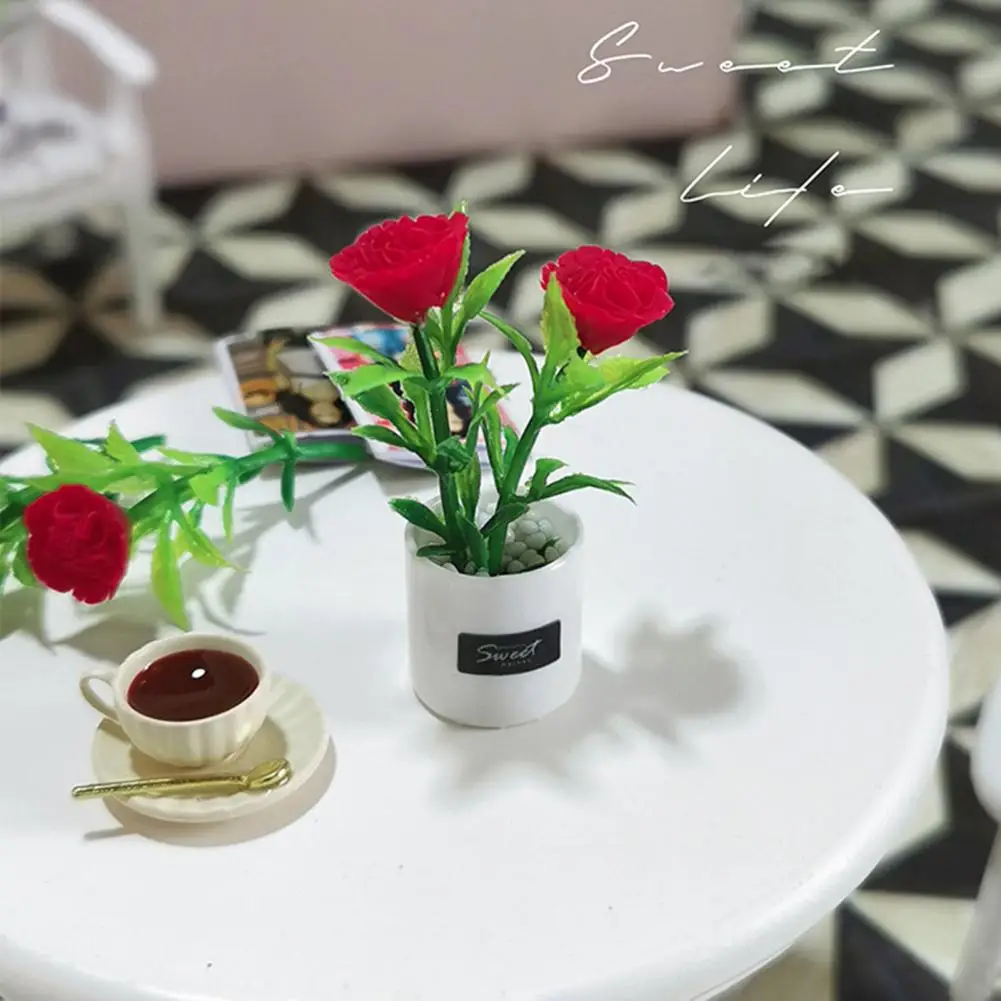 Dollhouse Potted Plant Resin Potted Plant Realistic Miniature Rose Flower Pot Green Plant Dollhouse Ornaments for 1/6 1/12 Scale