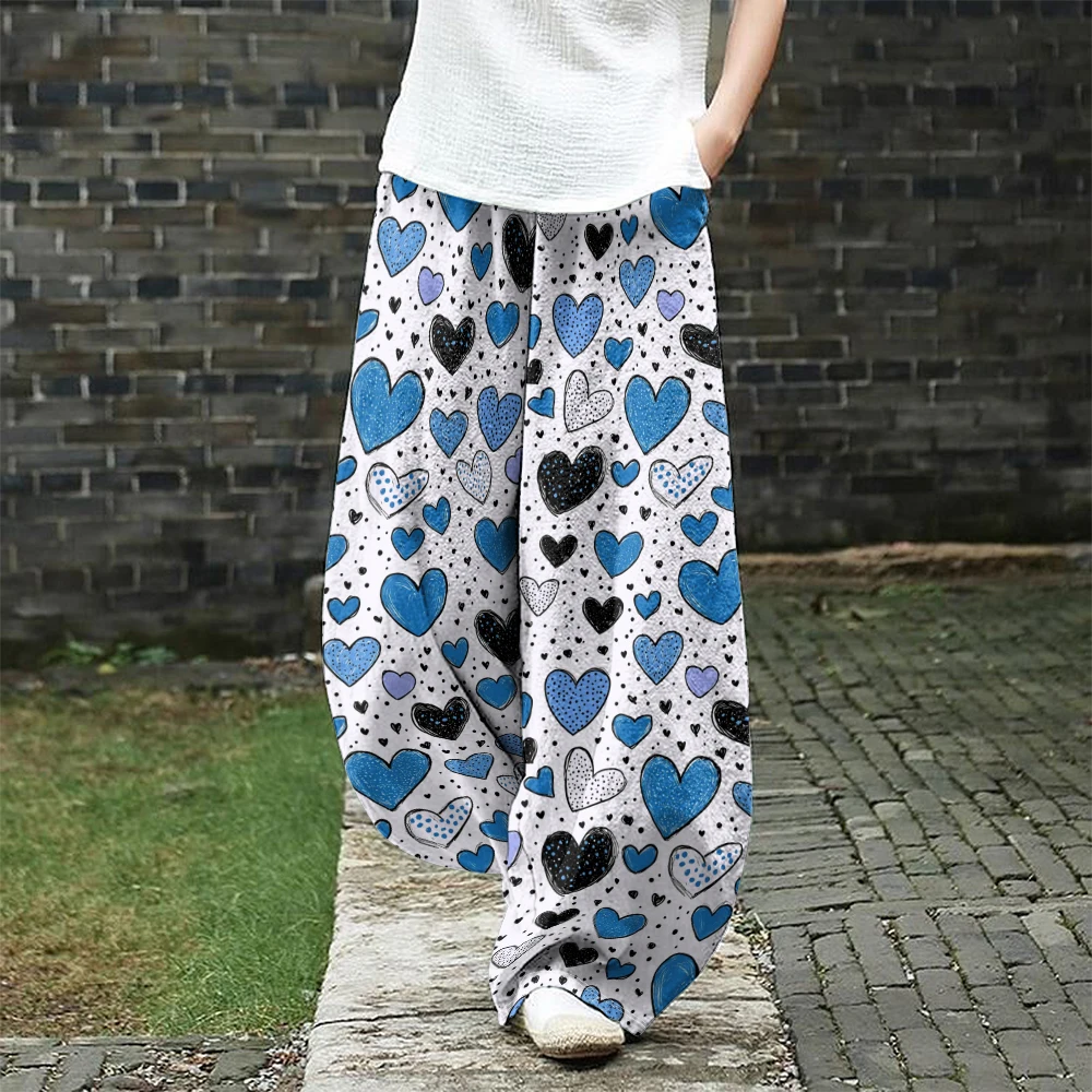 

Cute Blue Heart Print Loose Fit Pants for Women Harajuku Lantern Trousers Elegent Boho Wide Leg Pants Casual Comfy Lounge Wear