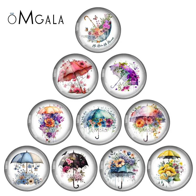 Watercolor Art Paintings umbrella and flower 10pcs 12mm/18mm/20mm/25mm Round photo glass cabochon demo flat back Makin