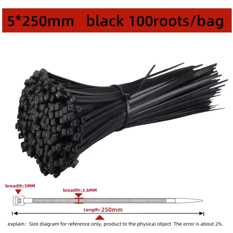 100 STUKS Zelfsluitende Plastic Nylon Tie Zwarte Bevestigingsband Kabelbinder-Set Kabel Zip Tie Bevestigingsring Zip Wraps Strap Tie
