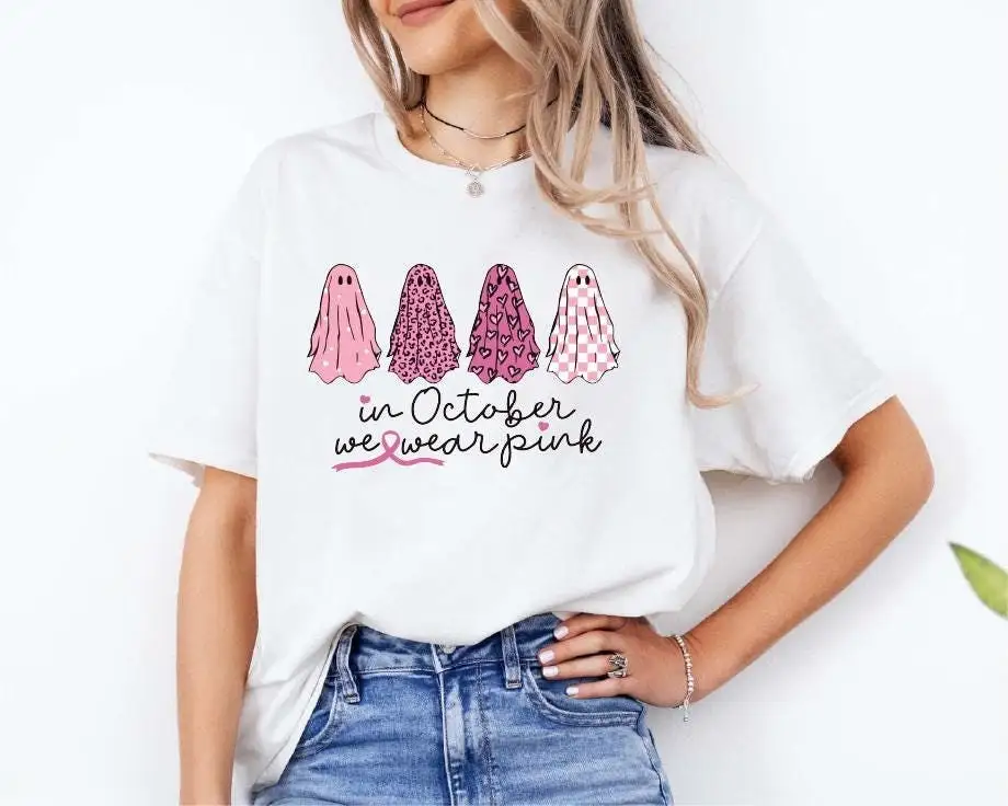 

In October We Wear Pink Wizard Ghosts Sweat T Shirt Breast Cancer Awareness Halloween Support