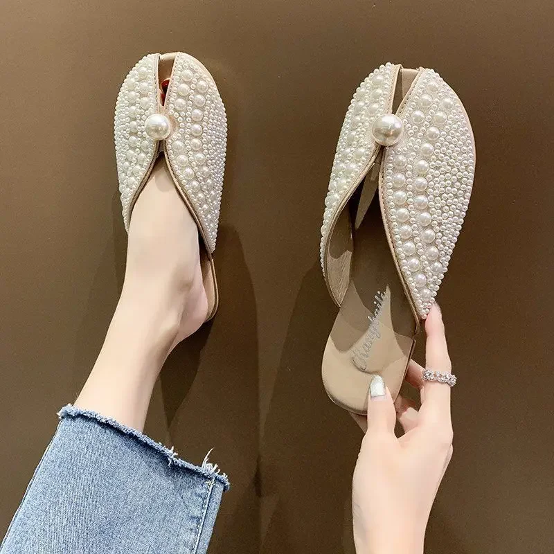 Women\'s Slippers and Ladies Sandals Flat Shoes Home Pearl Khaki Slides House Round Toe Fish Mules Original Comfortable Elegan G