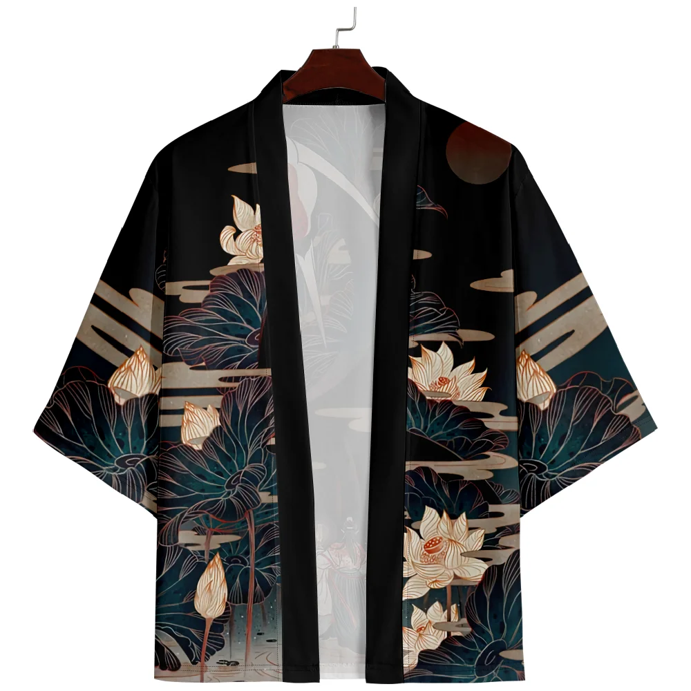 

Japanese Style Crane Print Kimono Shirt Haori Fashion Summer Beach Yukata Men Women Traditional Cardigan Asian Clothing