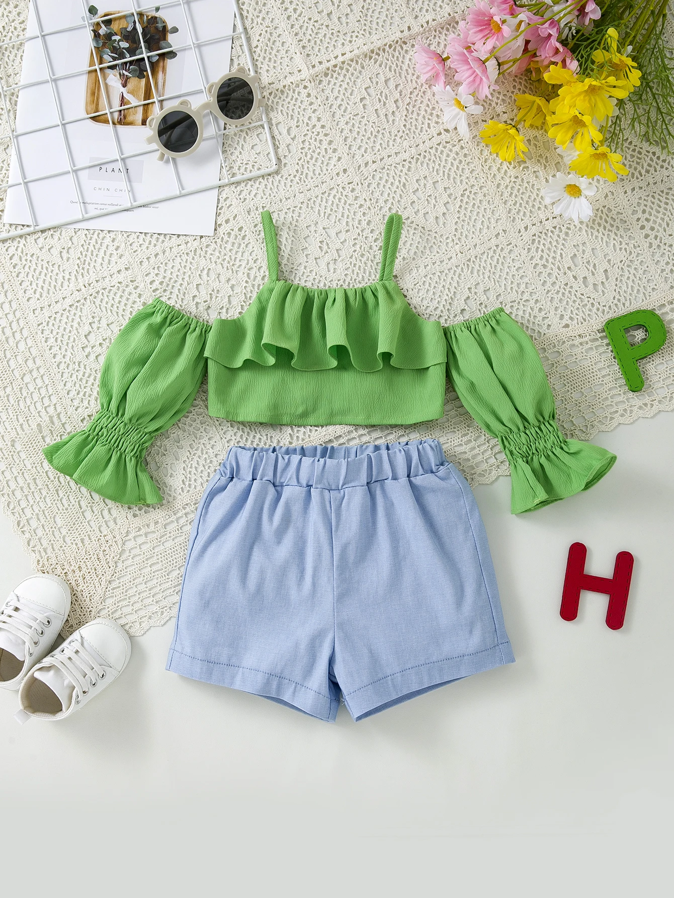 Baby Girls Spring Summer New Camisole Puff Sleeve Crop Top & Shorts Set, Ruched Cuff with Lace Trim Kids Outfit