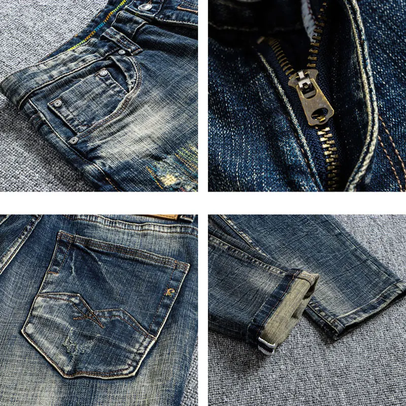 Fashion Designer Men Jeans High Quality Retro Black Blue Elastic Slim Ripped Jeans Men Embroidery Patched Vintage Denim Pants