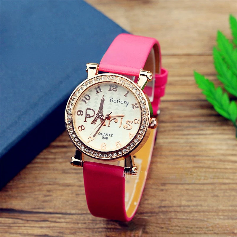 Ladies Watches Top Luxury Brand GoGoey Crystal Eiffel Tower PARIS Designer Character Clock Women Leather Quartz Wrist Watch