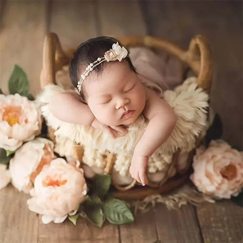 Retro Rattan Basket Chair - Newborn Photography Props Infant Posing Bed Background Accessories for Baby Girl Boy Photo Shoots