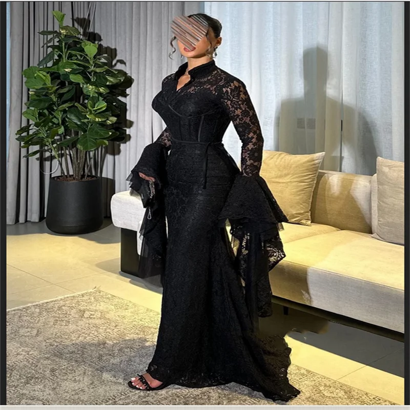 Customized Women's Evening Dresses Sizes Available Lace Pleat Mermaid High-neck Long Prom Dresses Exquisite Modern New Style