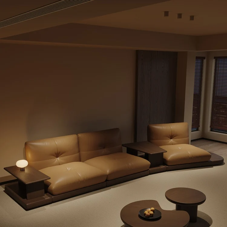 Japanese-style sofa leather simple modern small apartment living room Italian minimalist floor sofa log wind 2025 new