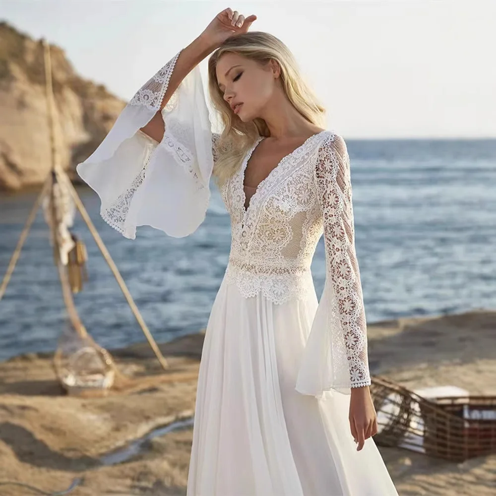 

New Bridal Wedding Dress Trailing White Long Sleeve French High-End Lace Simple