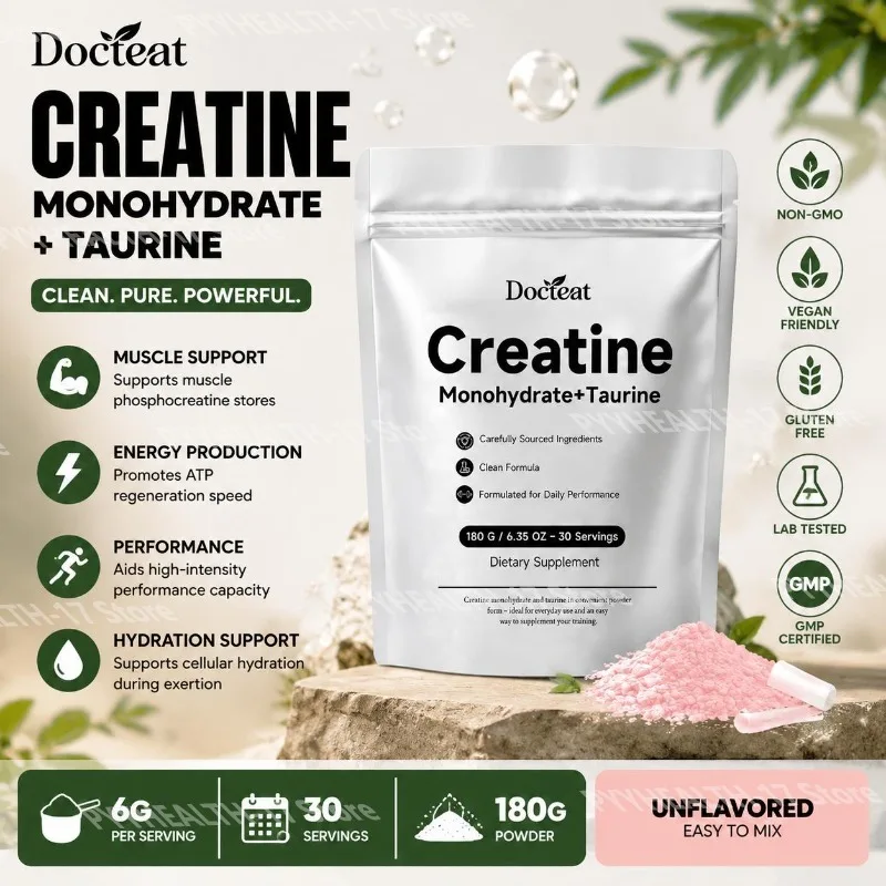 Docteat Creatine Monohydrate+Taurine Powder for ATP Regeneration Speed and Phosphocreatine Store Support 30 Servings 180 G
