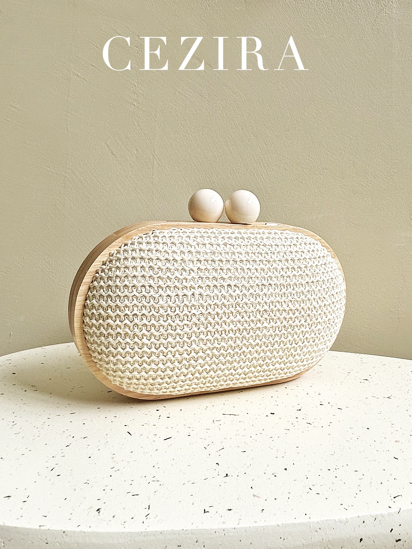 

CEZIRA Women's Fashionable Straw Woven Clutch Wooden Frame Clip Closure Evening Bag Hard-case Long Chain Handbag Purse Holiday