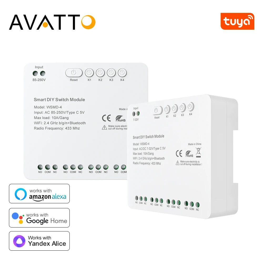 AVATTO Tuya WiFi 7-32V/85-250V Smart Switch Module,RF 433 DIY 4 Channels Relay Module Remote Control For Alexa,Google Home,Alice