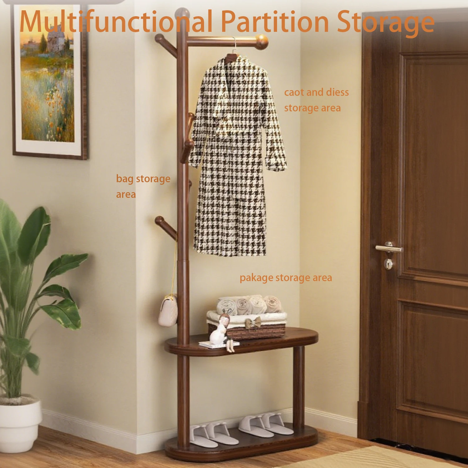 Fixed Wooden Coat Racks Durable Floor Standing Clothes Hanger Space-Saving Free Standing Storage Rack Clothes Hats Bags Organizer For Home Office Apartment Living Room Bedroom Entryway