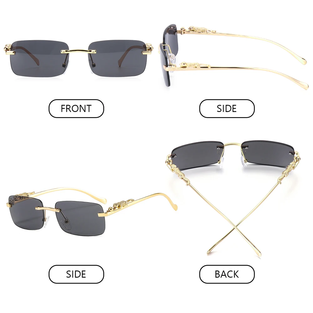Fashion Rimless Rectangle Sunglasses for Women Men Retro Cheetah Decoration Clear Ocean Lens Sun Glasses Shades UV400 Eyewear