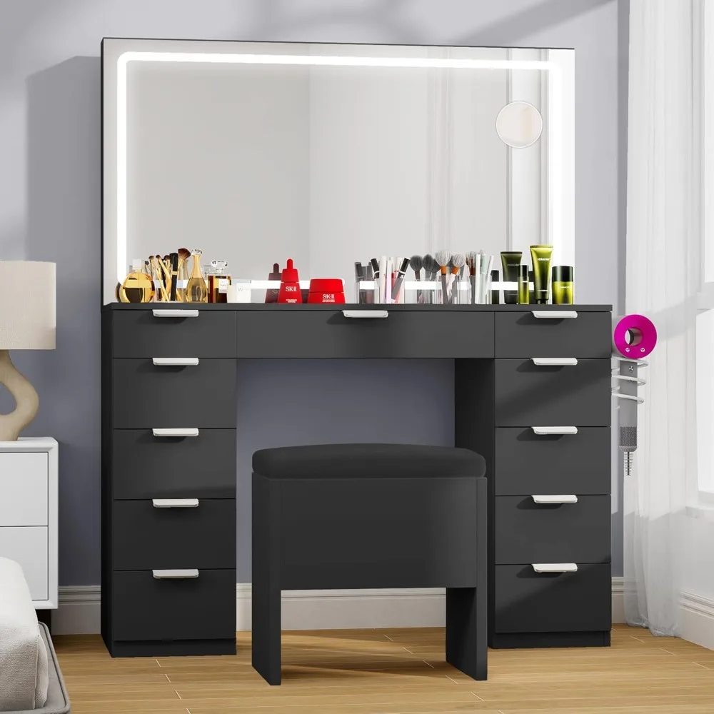 46'' Makeup Vanity Set with Adjustable LED Mirror & Power Outlet, 11-Drawer Vanity Desk with Storage Stool and Magnifying Glass