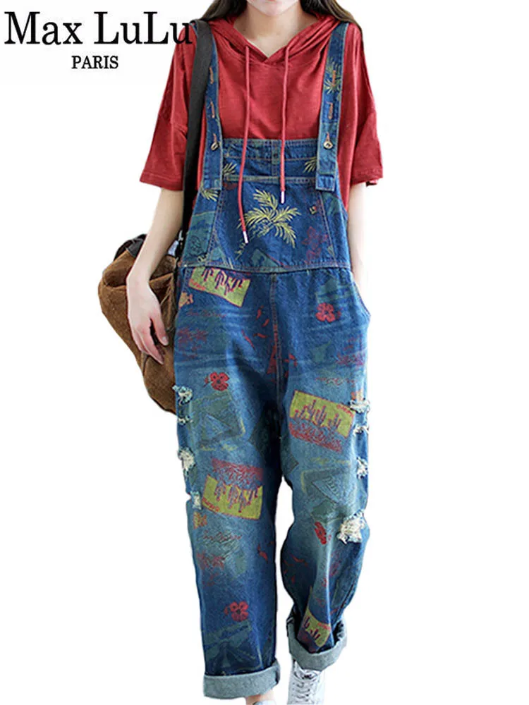 

Max LuLu Spring Design 2022 Ladies Vintage Denim Cuffs Overalls Women Printed Ripped Holes Jeans Girls Casual Oversized Trousers